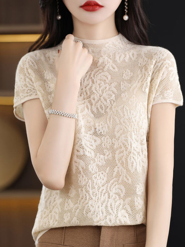 2023 Summer New Wool Worsted Knitted T-shirt Short Sleeve Women's Hollow Solid Color Loose Pullover Base Top