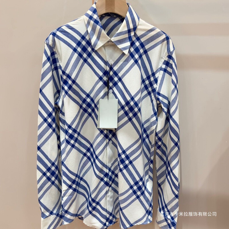 European B's Vintage Blue and White Twill Plaid Flannel White Diamond Cotton Long-Sleeved Shirt Bbr Men's Ready Stock