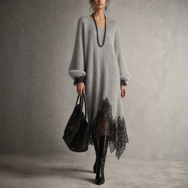 2026 European and American cross-border Amazon independent site elegant casual lantern sleeve knitted lace patchwork dress bestseller 2026 European and American cross-border Amazon independent site elegant casual lantern sleeve knitted lace patchwork dress bestseller