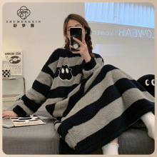 新款睡裙女秋冬季珊瑚绒睡衣家居服法兰绒加绒加厚大码孕妇连衣裙