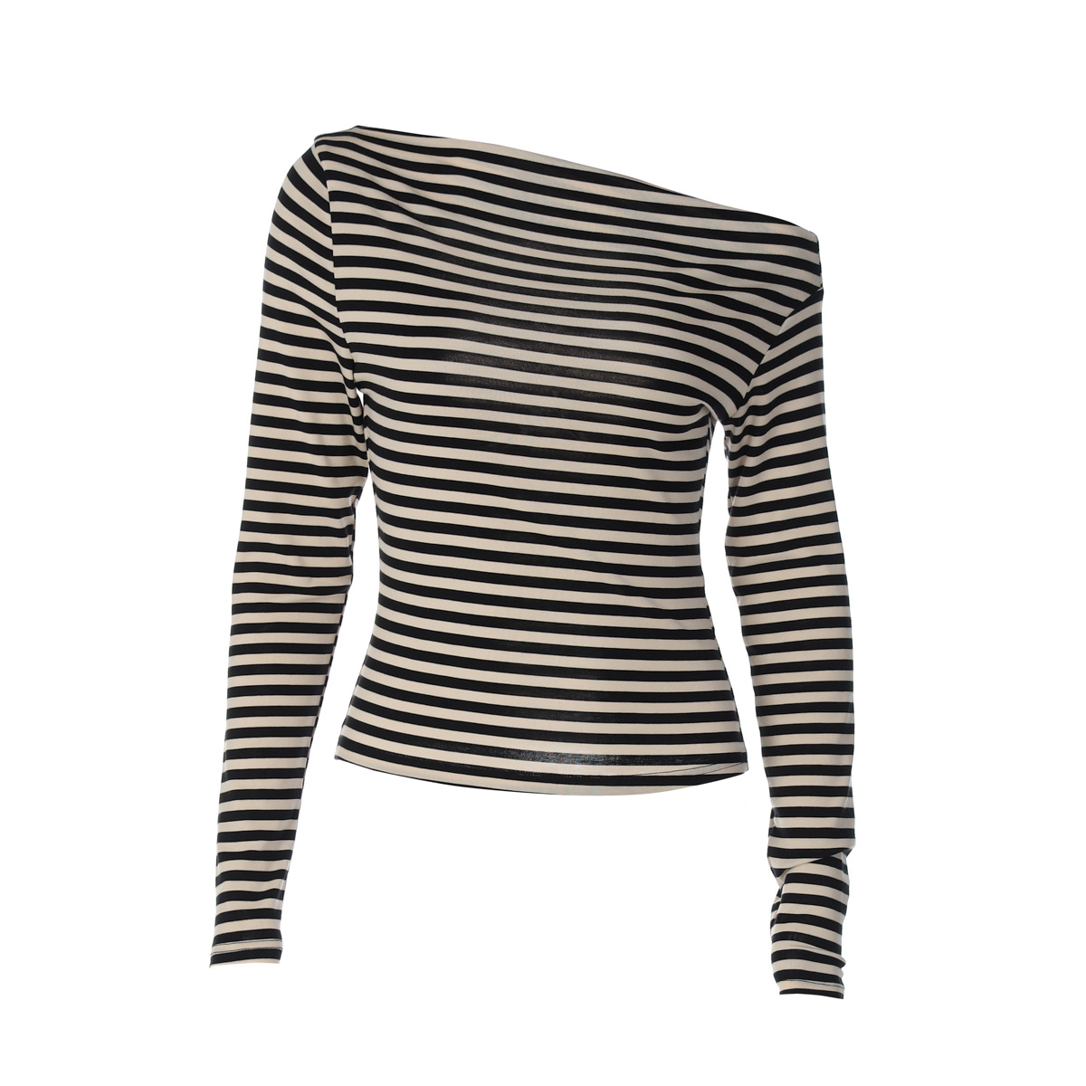 Damen-Langarmshirt mit Kontraststreifen, modernes, geripptes Stricktop mit eckigem Ausschnitt, schmal geschnittenes Stretch-Basic zum Layern_voghion.com