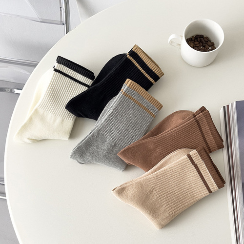 One-piece mechanism spring and autumn solid color simple two-bar striped mid-calf socks college style ins trend versatile sports trend socks