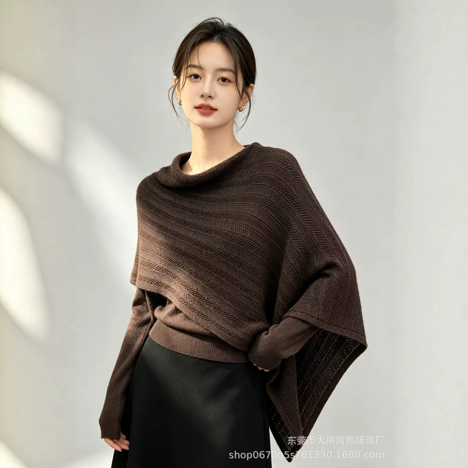 Stylish textured hollow-out cape shawl, a faux two-piece top for women, autumn/winter collection, featuring an asymmetrical layered design and a wool knit sweater