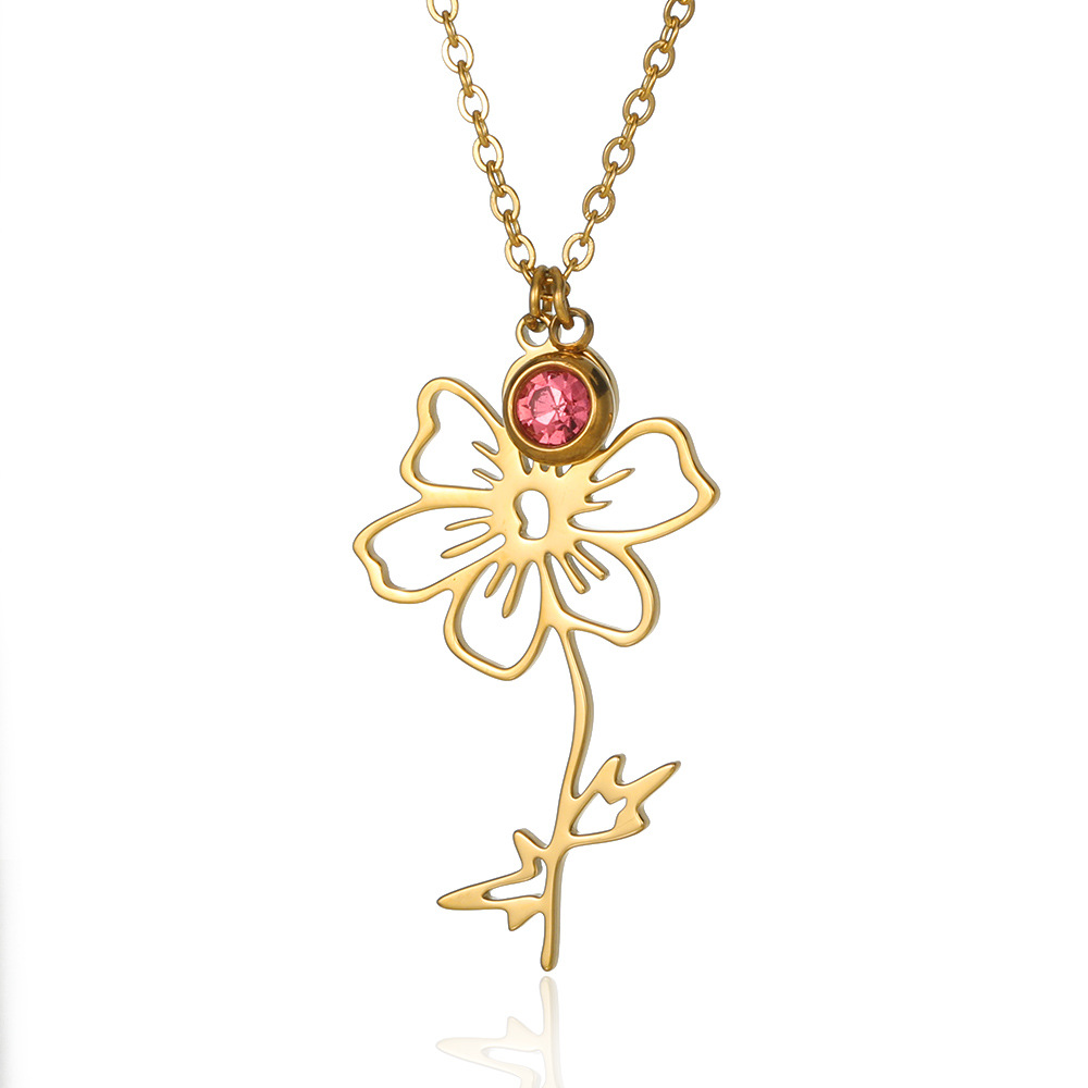 Simple nuevo diciembre flor 18K chapado en oro collar de acero inoxidable regalo de piedra de cumpleaños Rosa mes colgante
