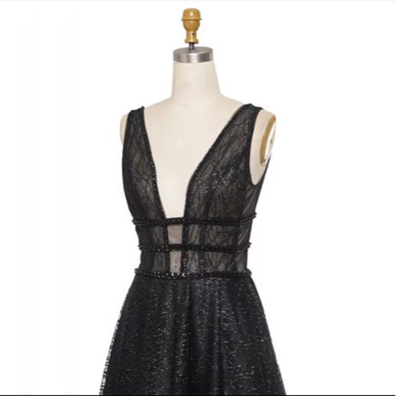 Europa y América del Comercio Exterior Amazon nuevo AliExpress deseo nuevo negro sexy con cuello en V vestido sin mangas de banquete largo image 2