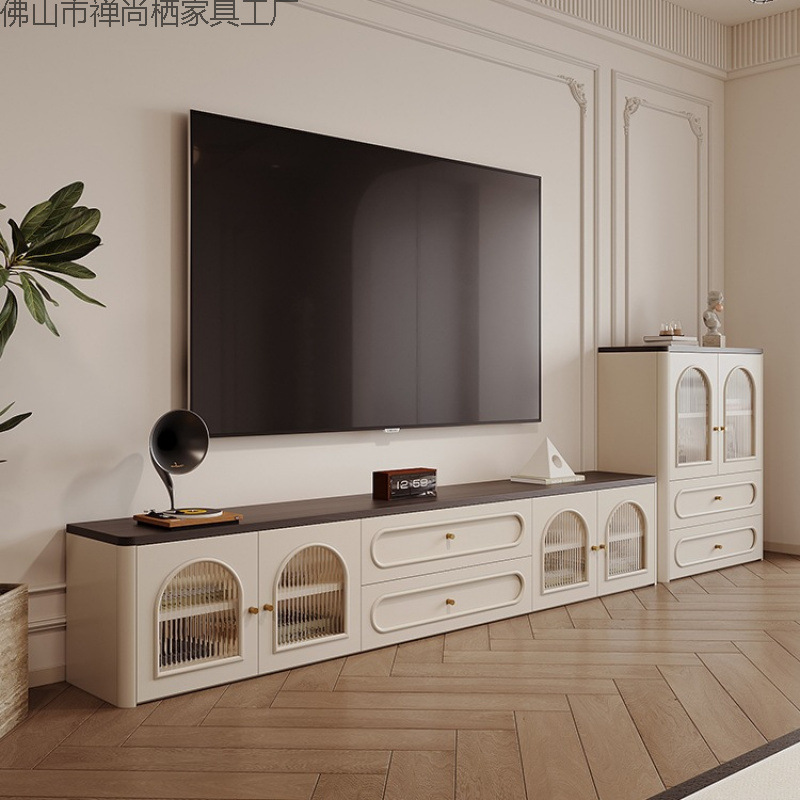 French-Style Retro Tv Cabinet and Coffee Table Set for Small Living Rooms, Integrated Storage Cabinet and Floor-Standing Tv Stand J&