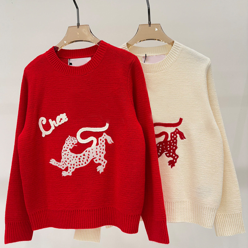 Nanyou High-End New Retro Cheetah Embroidered Red Sweater for Women, Loose and Slimming Knit Top for Autumn and Winter