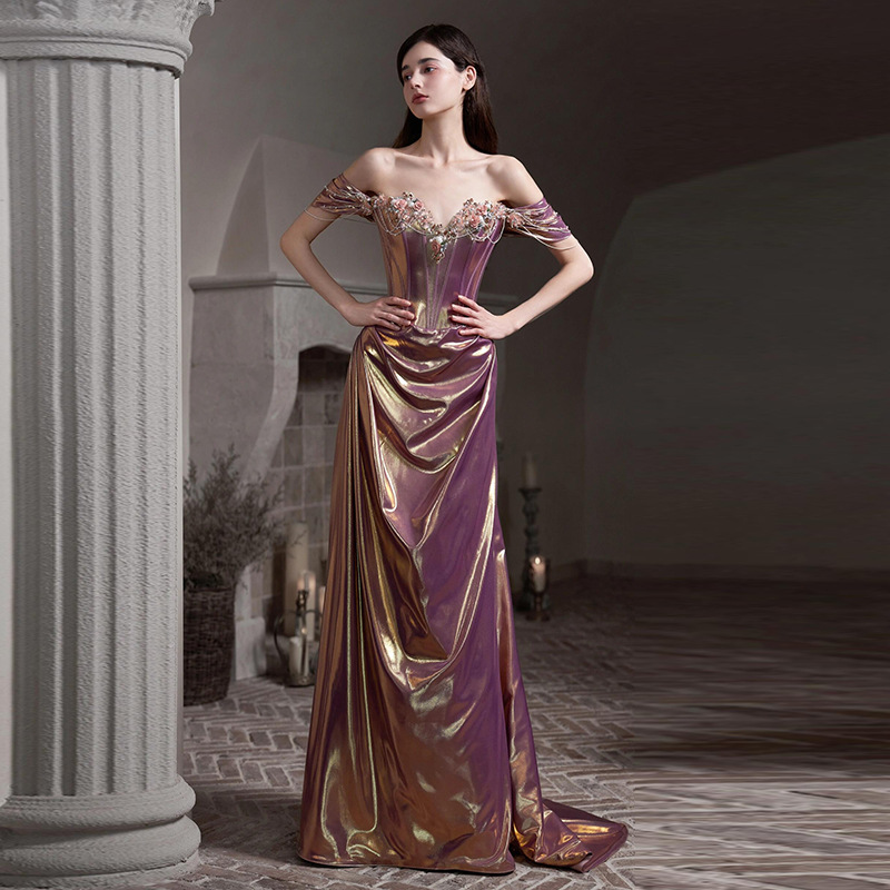 One-Shoulder Toast Dress Bride French Engagement Dress Light Luxury Birthday Banquet Adult Ceremony Host Long Dress