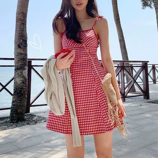 新款欧美跨境红格子印花吊带系带修身连衣裙短裙 PG3126