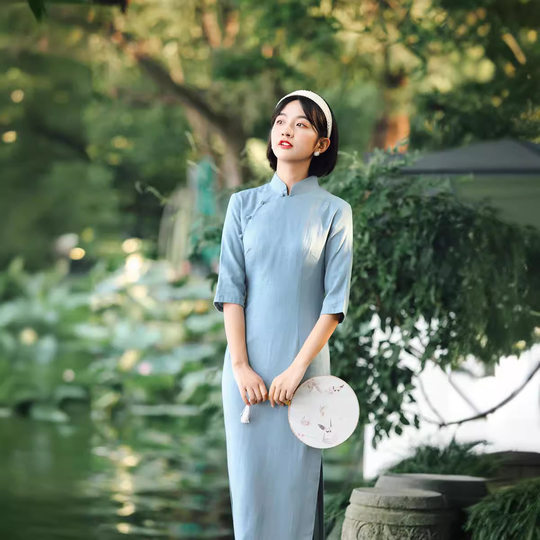 Fang Mo Language Women's Long Vertical Collar Cotton and Linen Seven-point Sleeve Cheongsam Dress Spring and Summer Mid-sleeve Ancient Elegant Women's Daily Cheongsam Dress