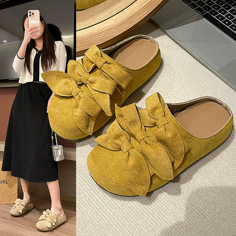 Лук с наконечником половинной тапочкой женский летний набор 2025 новый ретро замши с толстой подошвой ботинки