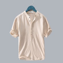 2025跨境夏季简约休闲男士衬衫套头亚麻宽松青年衬衣时尚上衣短袖