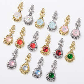 新款古法中式古风琵琶优雅气质吊坠镶嵌小花朵树脂材料合金配件