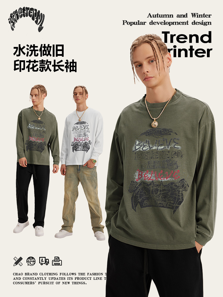 Impresora de marcas| 2025 primavera y otoño Ba familia B juveniles sueltos estilo americano marcas de agua callejera camiseta de manga larga