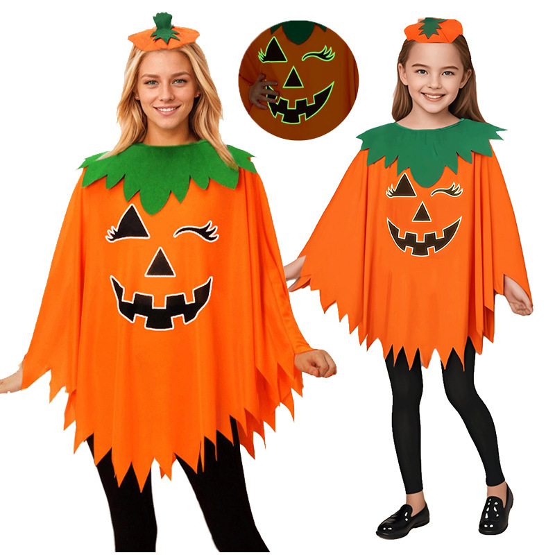 ハロウィーン衣装夜光成人子供カボチャマントショールカボチャ帽子セットマント学校パーティー衣装|undefined