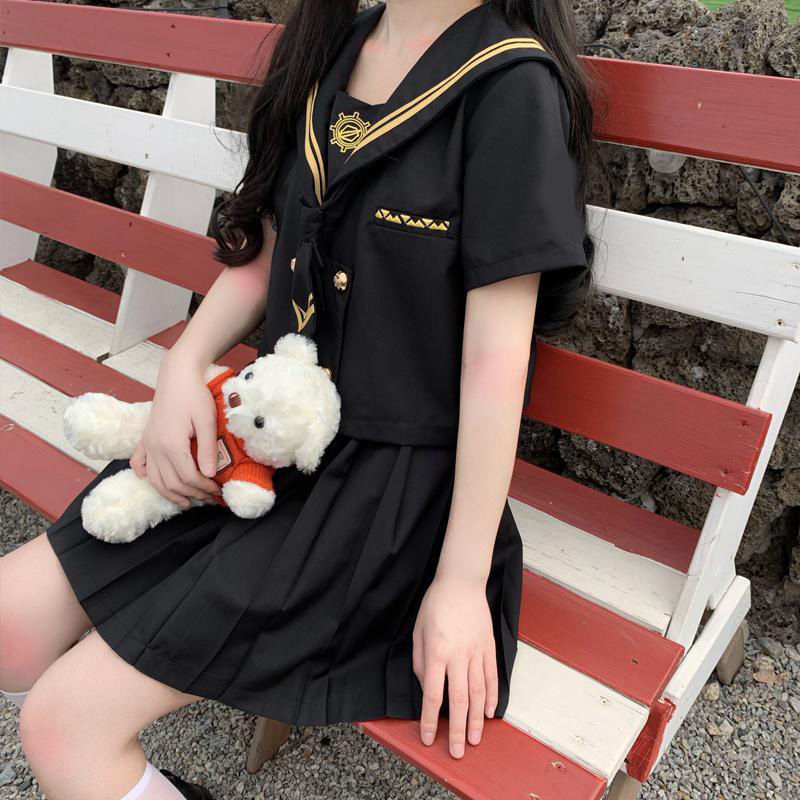 沙河【两件套装】夏季新款黑暗系j制服学院风学生水手领上衣百褶|undefined