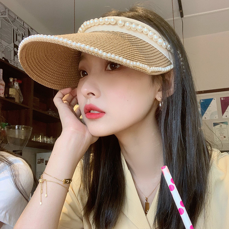 珍珠鸭舌空顶帽子女夏季薄款沙滩防紫外线网红无顶编织遮阳帽防晒|ms
