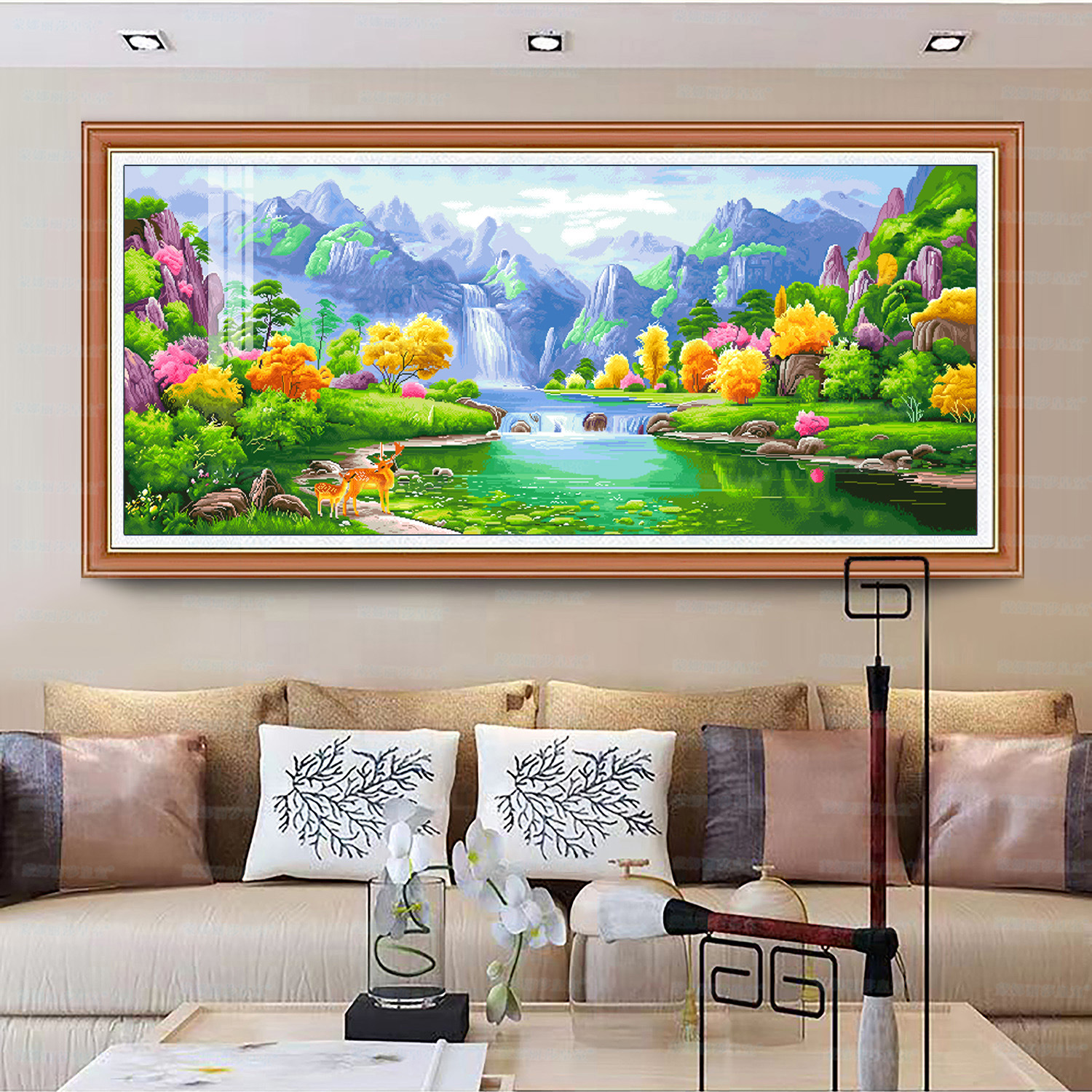 Mona Lisa, Pintura de Paisaje Bordada a Mano con Puntos de Cruz, Montañas Verdes y Agua Verde, Ciervo de la Fortuna, Decoración Grande para Sala de Estar image 2