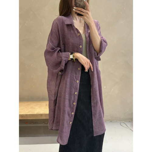 Lazy style shirt, sun protection retro robe, atmospheric wear, light, breathable, loose casual long shirt jacket