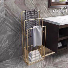 軽量高級バスルームタオルラック床置きパンチフリーバスルーム収納ラック鉄大理石の汚れた衣類バスケット収納ラック