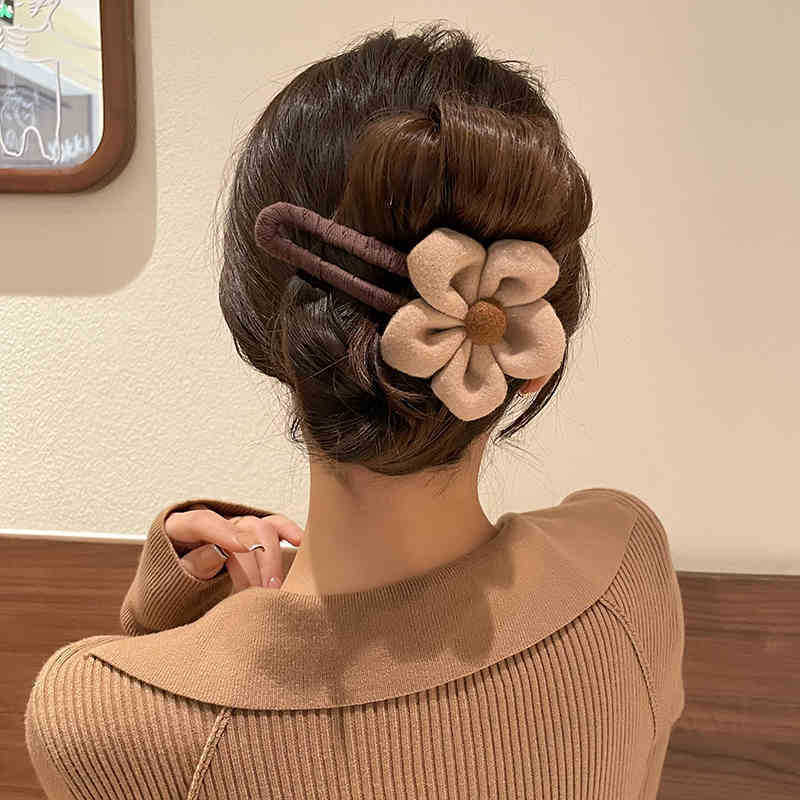 奶咖色花朵鸭嘴夹大号发夹后脑勺盘发抓夹女2025新款秋冬毛绒发饰|undefined