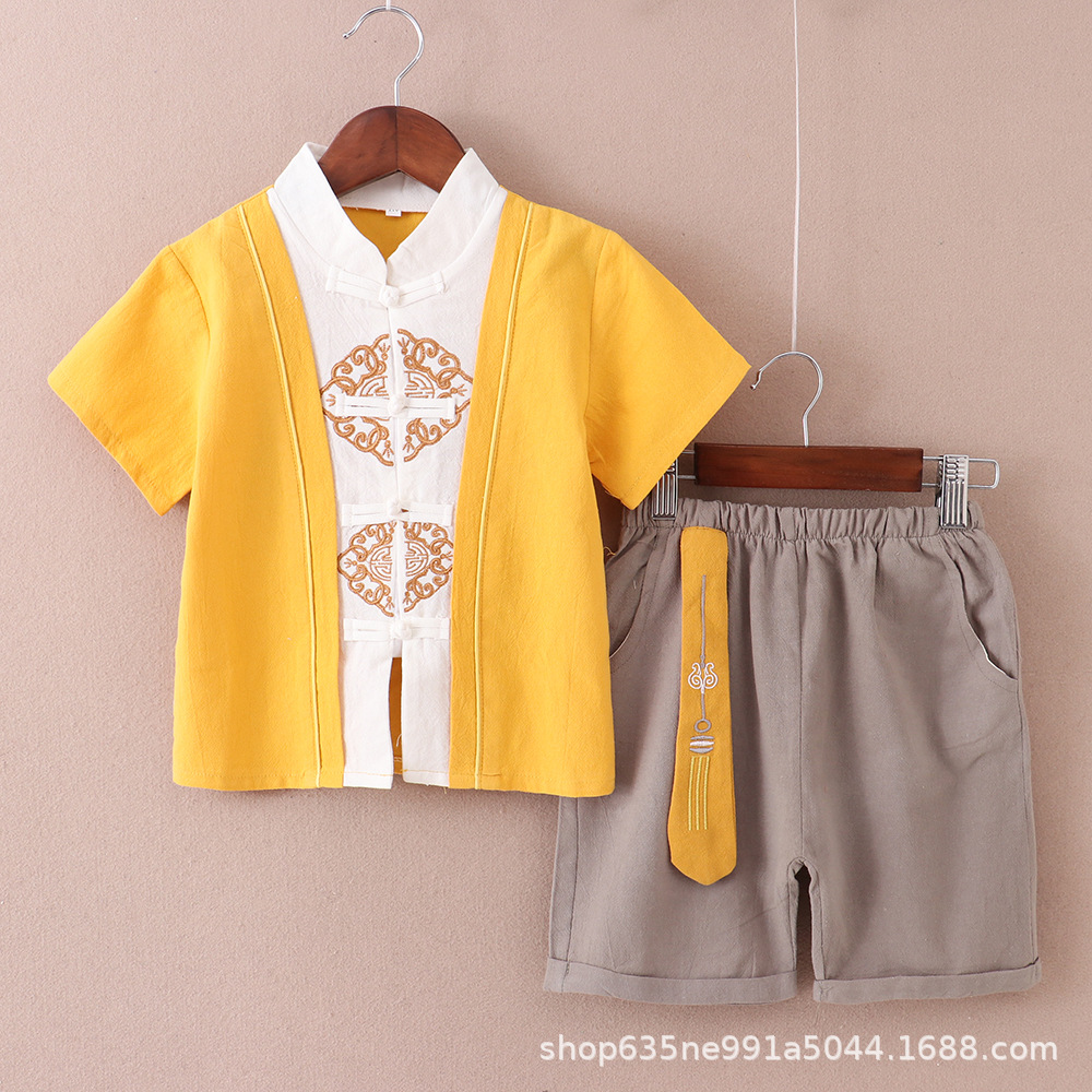 Chinese Style Children's Clothing Boy's Tang Suit Big Children's Ancient Costume Hanfu Baby's Short Sleeve Summer Cotton Linen Two-piece Costume