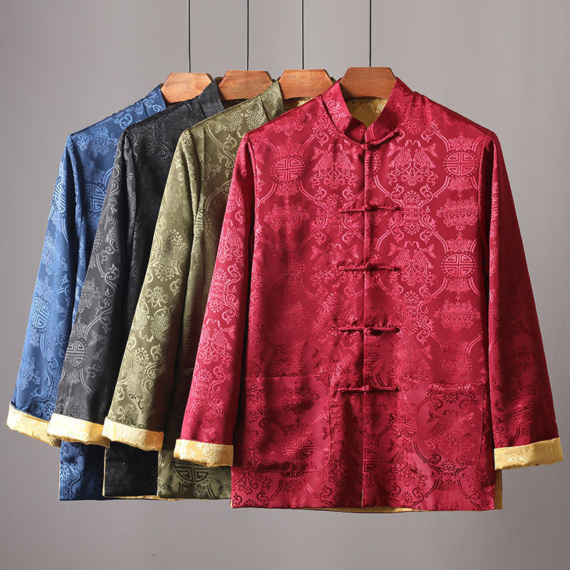 Tang suit men's long-sleeved Chinese style jacket, reversible yellow mandarin jacket, performance costume, Chinese style satin top, spring and autumn