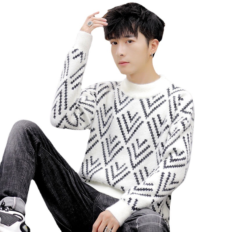 Comercio exterior transfronterizo 2021 otoño moda coreana personalidad de los hombres jóvenes imitación visón terciopelo medio alto cuello redondo suéter de punto hombres