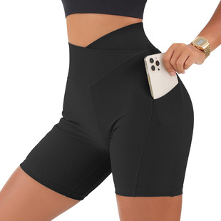 Women's Sports thread short cross waist fitness pants with pockets hip-lifting pants tight yoga sports shorts