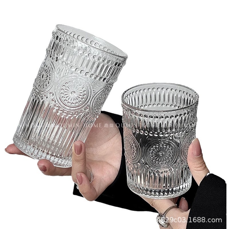 INS estilo girasol taza de agua de alta apariencia vintage taza de vidrio en relieve hielo taza de café americano hogar bebida fría taza