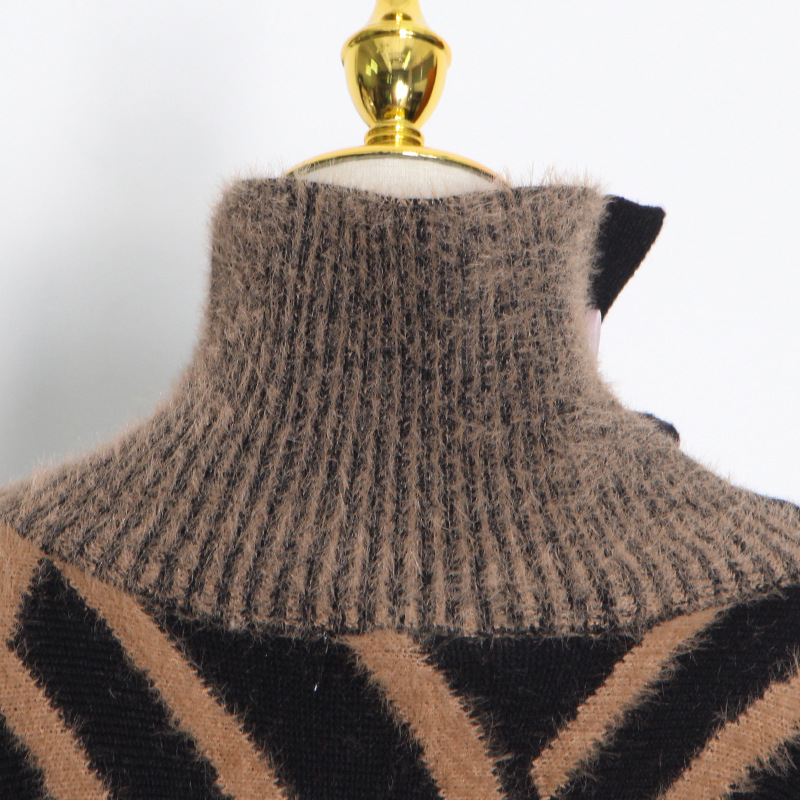 Loose Knitted Dress Winter Stand Collar Oblique Buckle Long Sleeve Mink Hair Sweater with Belt