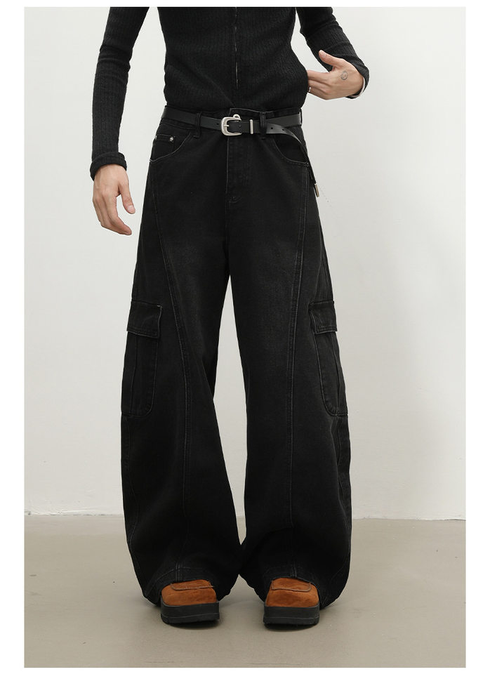 Quần jean nam ống rộng baggy phong cách retro Mỹ, nhiều túi khóa kéo, lưng giữa eo — màu xám đen chi tiết 11