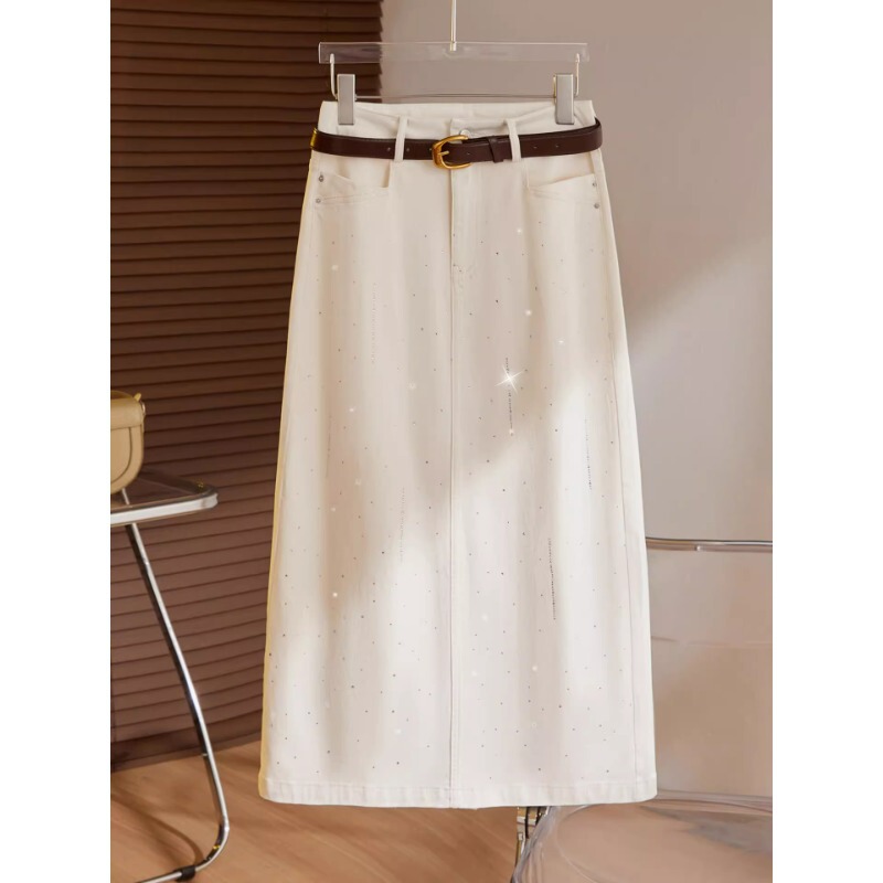 Light Luxury White Rhinestone Denim Skirt for Women, Spring 2026 New Style, Elegant and Shiny Mid-Length Straight A-Line Skirt