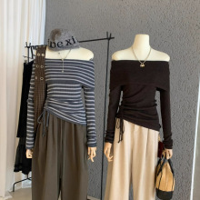 WGWE7426广州十三行女装秋装新款小个子一字肩长袖针织衫毛衣上衣