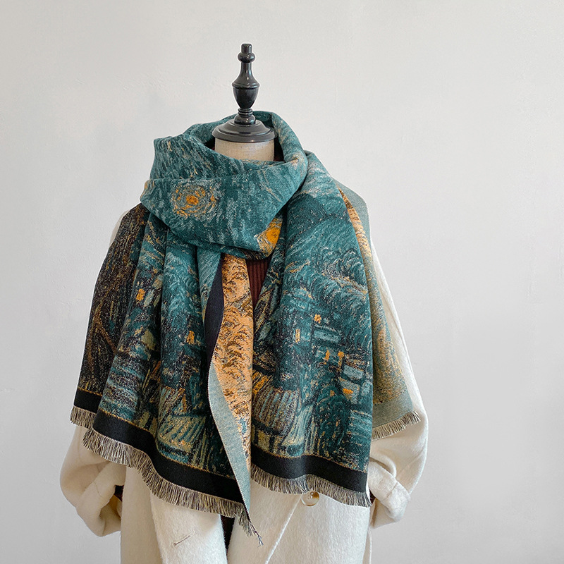 Autunno e inverno Edizione coreana Collo premium Castello Stile pittura a olio Versatile stampa con scialle caldo imitazione cashmere_voghion.com