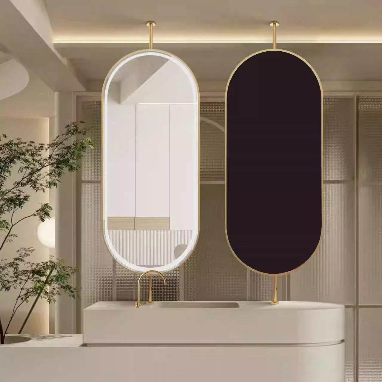 Hotel residencial lujo ligero pluma oval espejo de baño 2025 nuevo espejo colgante del lavabo con productos de lámpara image 4