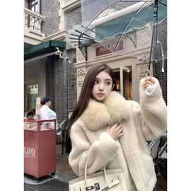 仿羊羔加厚保暖毛毛领外套女2025冬季新款宽松慵懒风皮毛一体上衣
