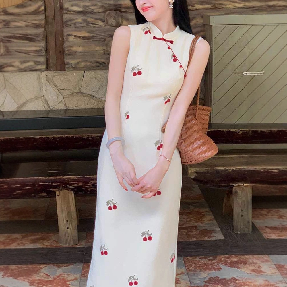 Qin Ying' New Chinese Style Cherry Embroidery Modified Cheongsam For Women, Early Autumn Vintage Stand Collar_ecoleips.com