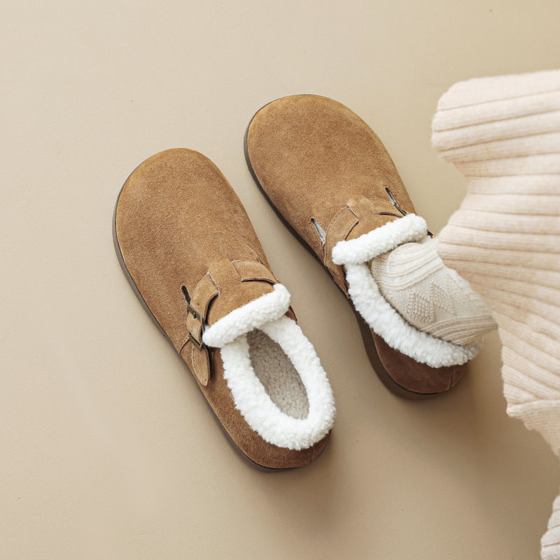 Thick-Soled Genuine Leather Birkenstock Shoes for Women, Autumn and Winter 2026 New Model, Fully Enclosed Birkenstock with Plush Lining, Large Size Women's Shoes 41 to 43