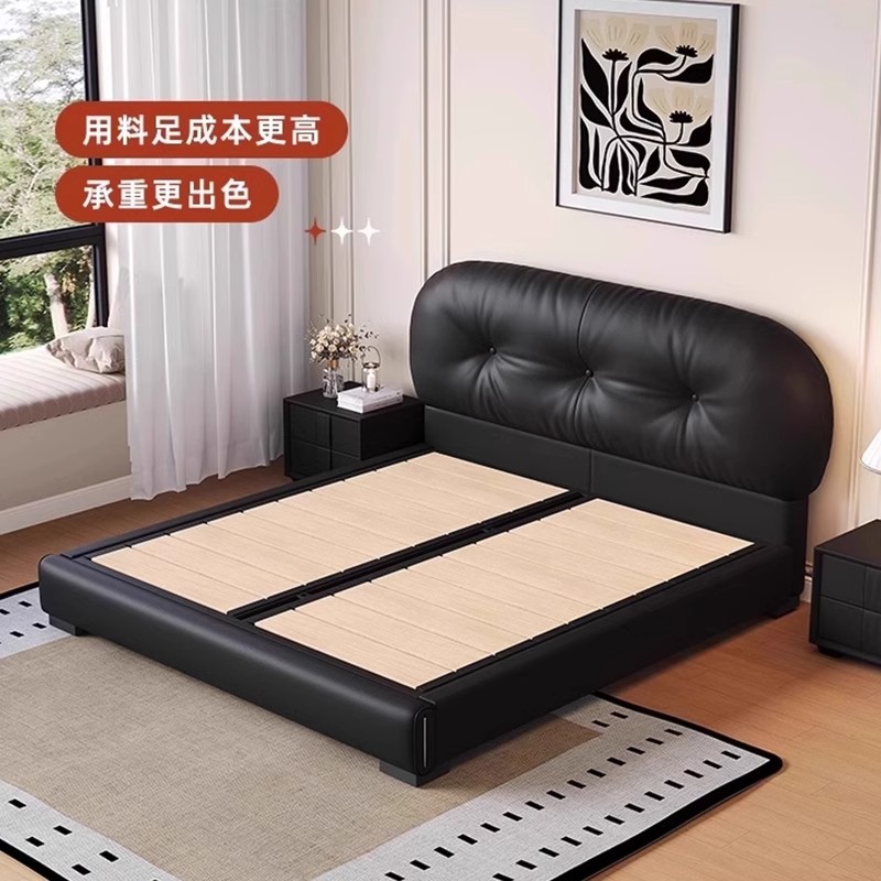 Cama de cuero francesa retro tostada negra de paquete blando cama doble dormitorio principal pequeña casa simple cama de almacenamiento de caja alta