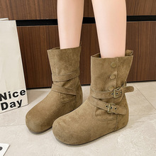 复古皮带扣圆头平跟短靴女2025秋冬新款舒适百搭时尚马丁靴时装靴