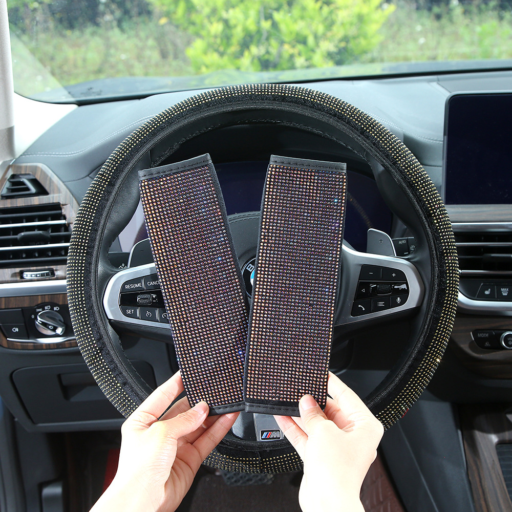 Full-diamond car steering wheel cover, dazzling rhinestone seatbelt shoulder pad, universal for all seasons, rearview mirror protective cover, wholesale