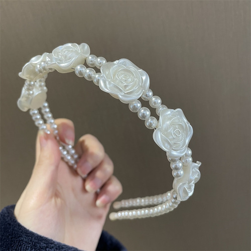 Sweet first love retro rose pearl headband niche Korean double-layer outing flower headband French women's headwear