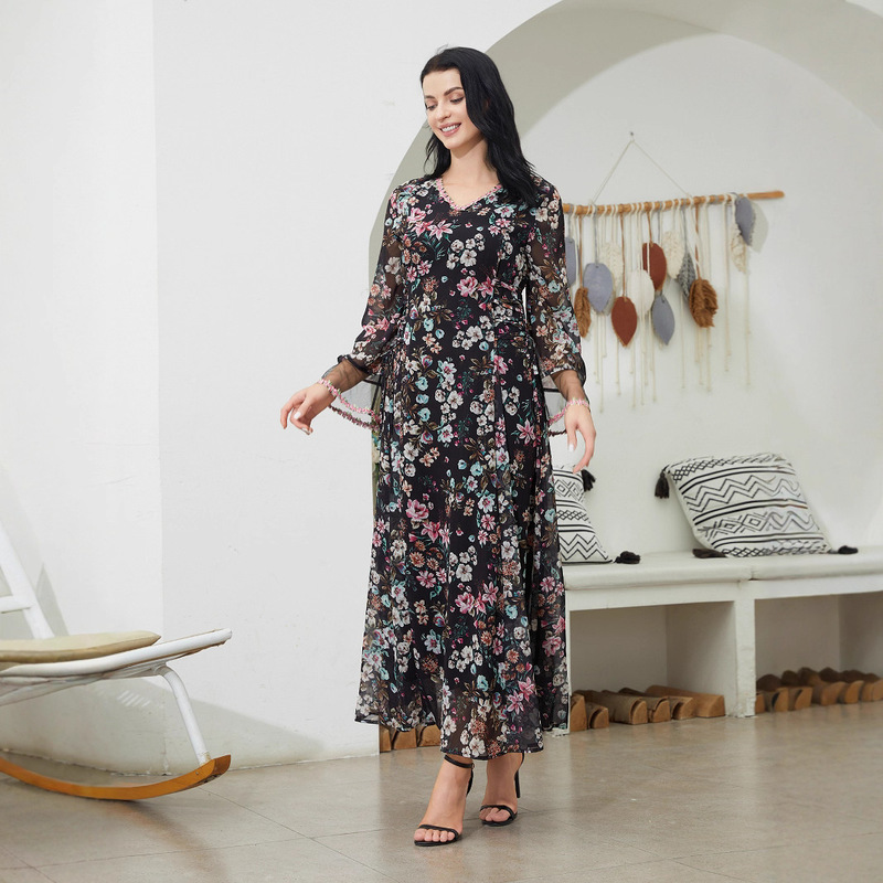 Amazon's Hot-Selling Middle Eastern Muslim Long Skirt Floral Lace-Up Waist Design Abaya Dress Amazon's Hot-Selling Middle Eastern Muslim Long Skirt Floral Lace-Up Waist Design Abaya Dress