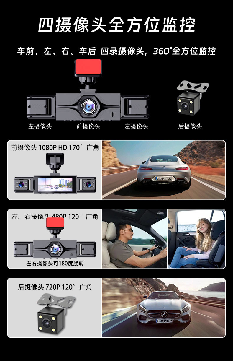 Cross-Border Exclusive Supply of Four-Channel Dash Cams 140 ° Wide-Angle 3.16inch Screen Loop Recording Parking Monitoring Y161