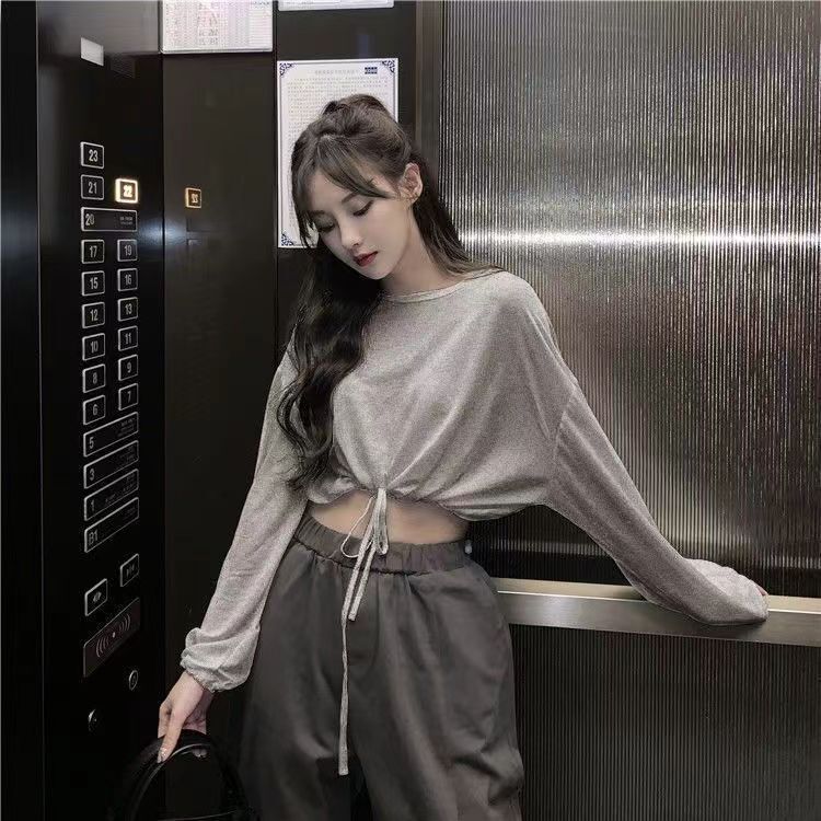 European and American Sexy STyle jazz Dance Wear jazz Long-sleeved T-shirT Loose DrawsTring Navel-baring ShorT Dance Top for Women in AuTumn