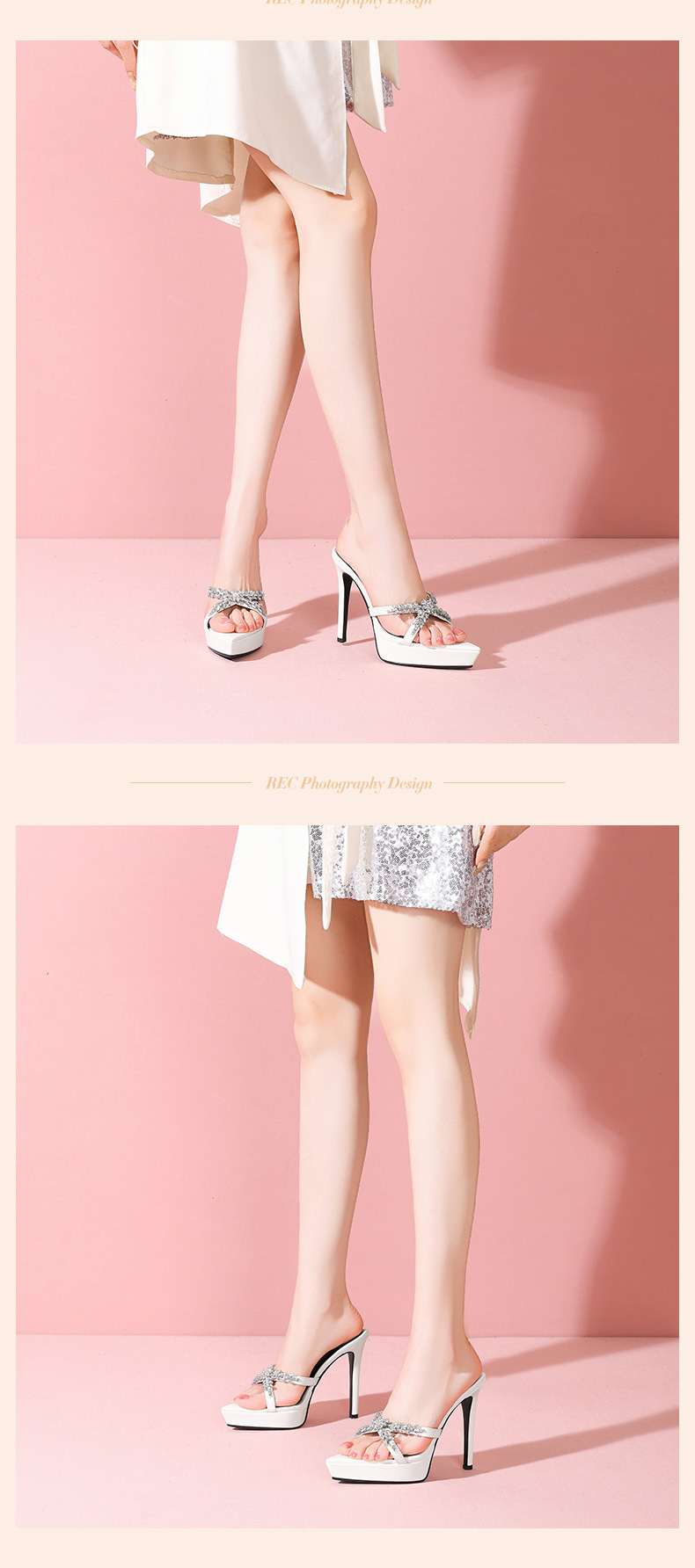 Sandal cao gót nữ mũi nhọn hở ngón đính đá rhinestone, gót 10 cm, đế platform — Màu nude 10cm chi tiết 10
