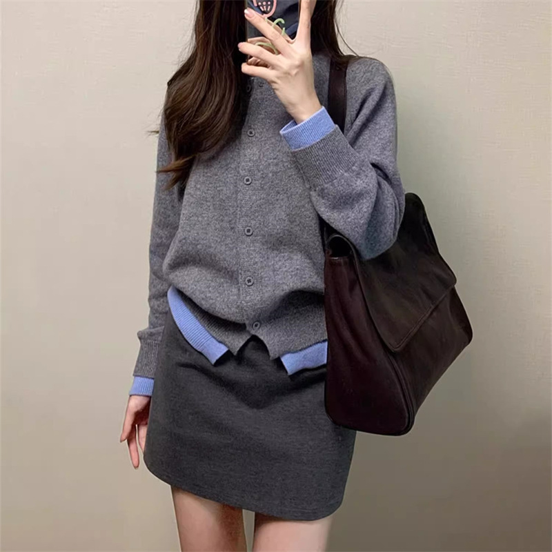 Kaning Korean Style Gray Soft and Cozy Faux Two-Piece Knit Sweater for Women, 2026 Autumn New Stylish Casual Sweater Coat
