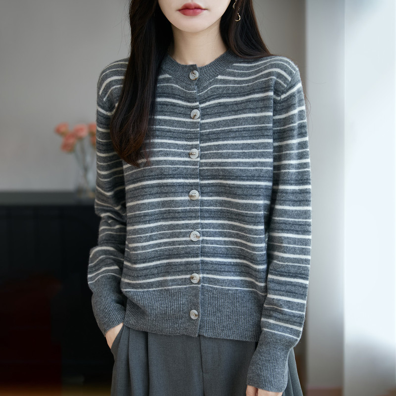 2026 Autumn/Winter Round Neck 100% Pure Wool Cardigan for Women, Loose Fit, Slimming Striped Sweater, Petite Coat Top