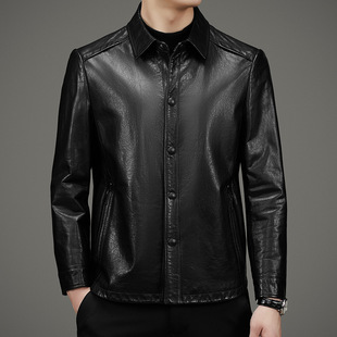 Spring and Autumn 2025 New Middle-aged Father Business Casual Haining Genuine Leather Leather Lapel Goat Leather Jacket Men's Wear
